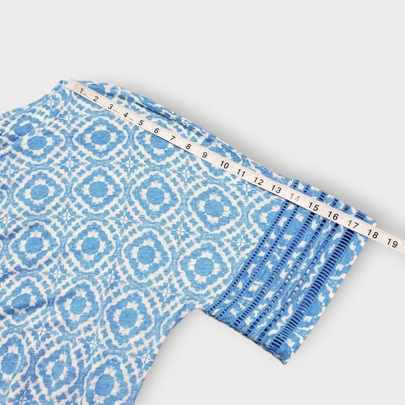 Chico's Blue Geo Print Linen Dolman Top Sz 3 (XL) Summer Coastal Beachy Casual - Picture 10 of 12